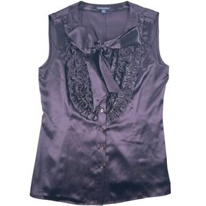 Brooks Brothers Silk Ruffle Front Tie Neck Top Womens 4 Purple Sleeveless Satin